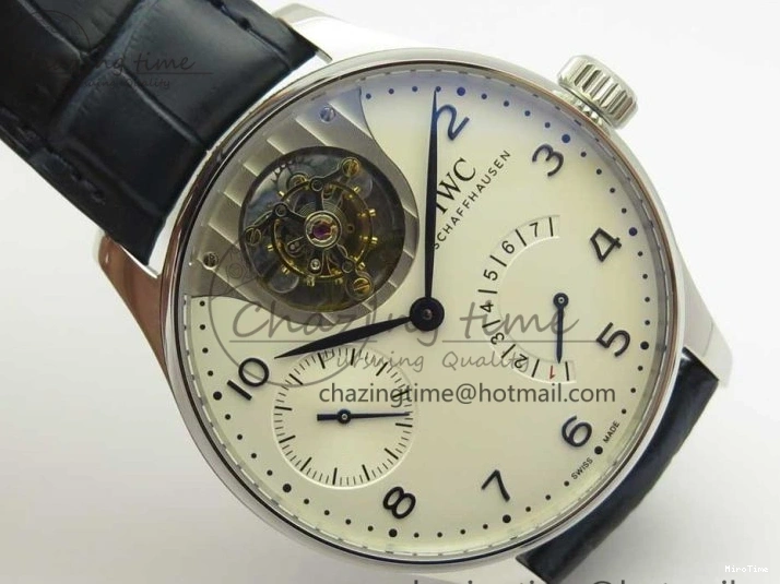 MIROTIME 0207 Portuguese Tourbillon IW5046 SS ZF Best Edition White Dial Blue Markers on Blue Leather Strap Fashionable 7149